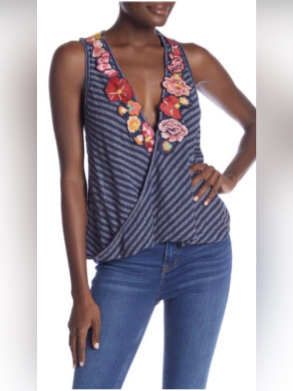 Free People 'Frida' stripe draped sleeveless wrap top w/ floral applique